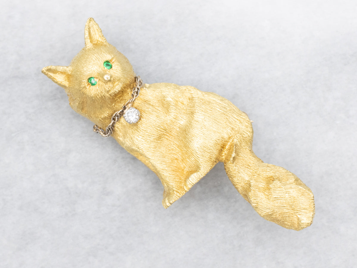 Cat with Emerald Eyes and Diamond Collar Brooch