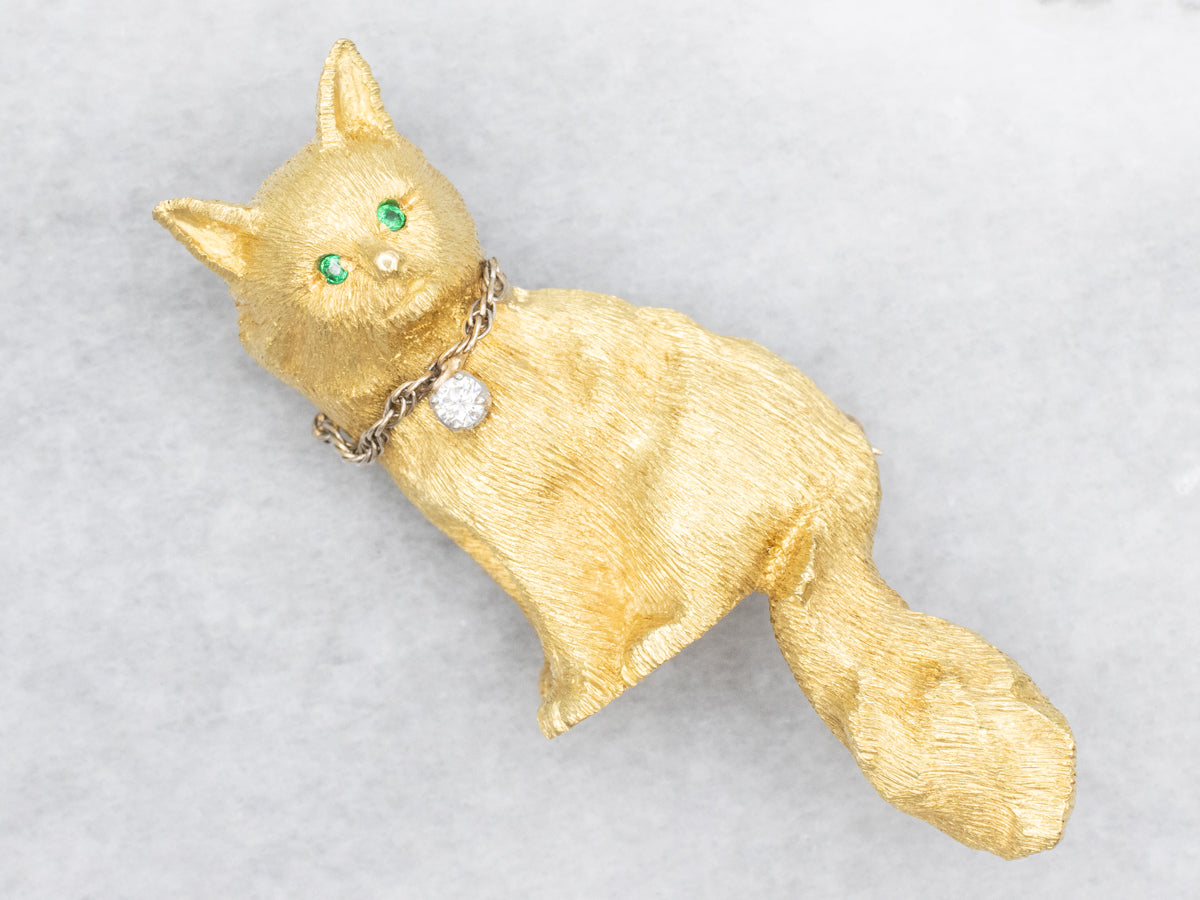 Cat with Emerald Eyes and Diamond Collar Brooch