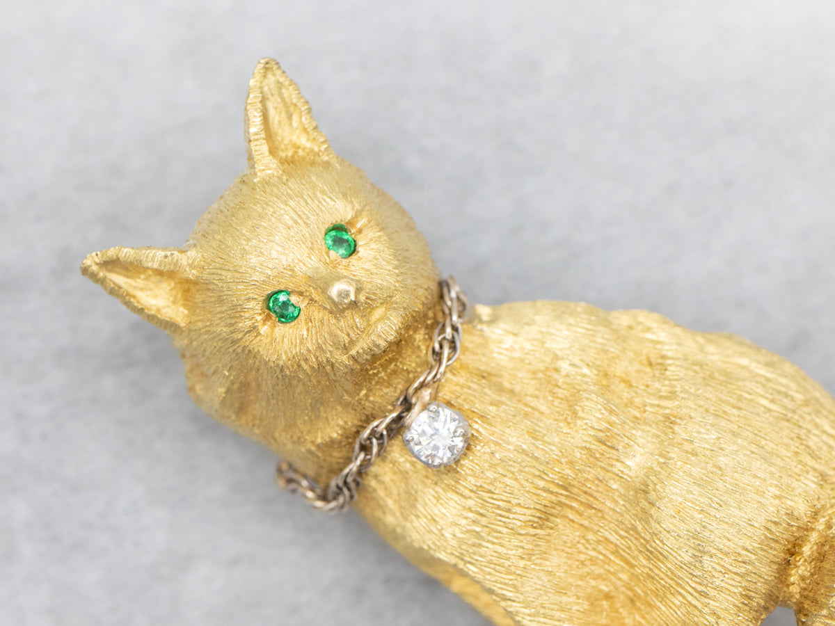 Cat with Emerald Eyes and Diamond Collar Brooch