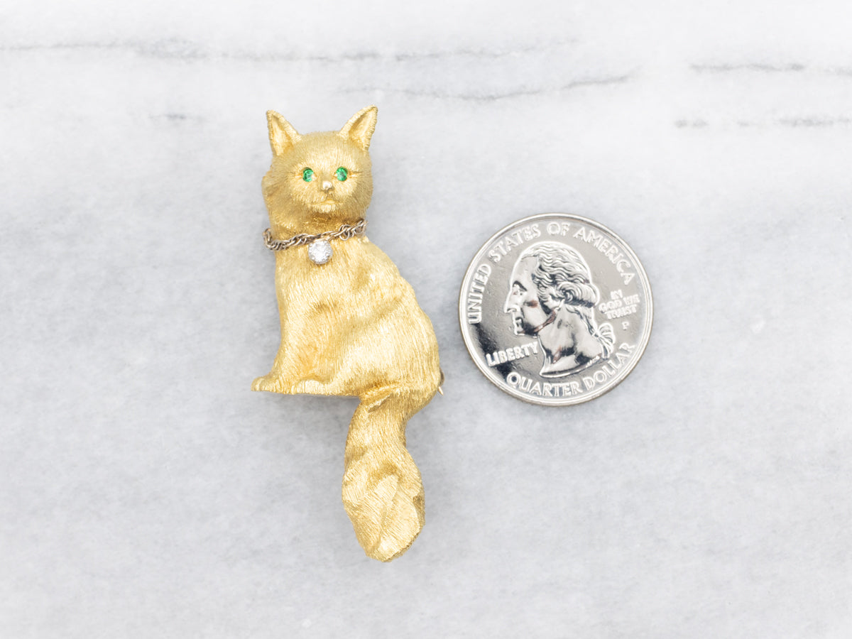 Cat with Emerald Eyes and Diamond Collar Brooch
