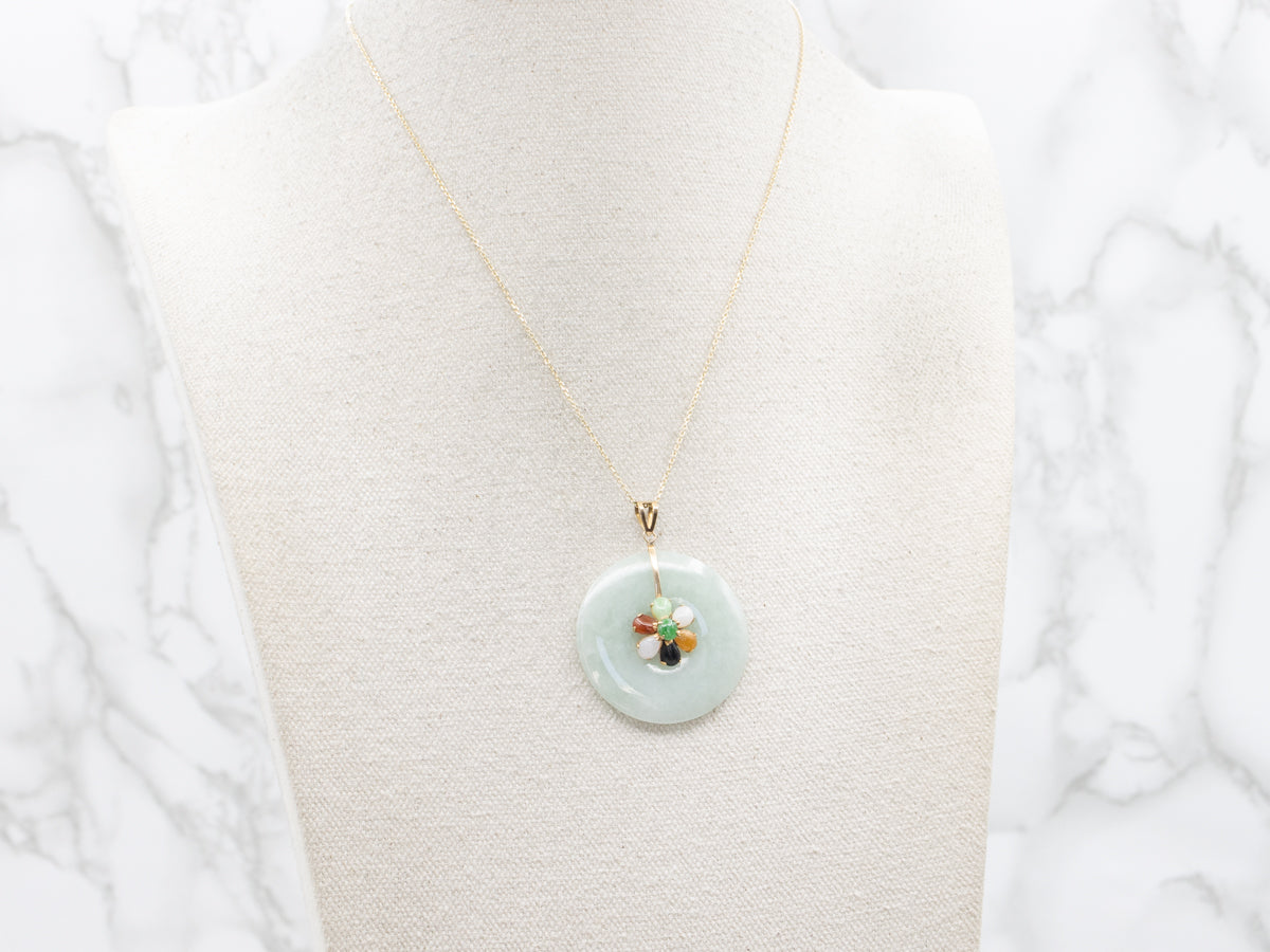 Jadeite, Onyx, and Carnelian Gemstone Flower Pendant