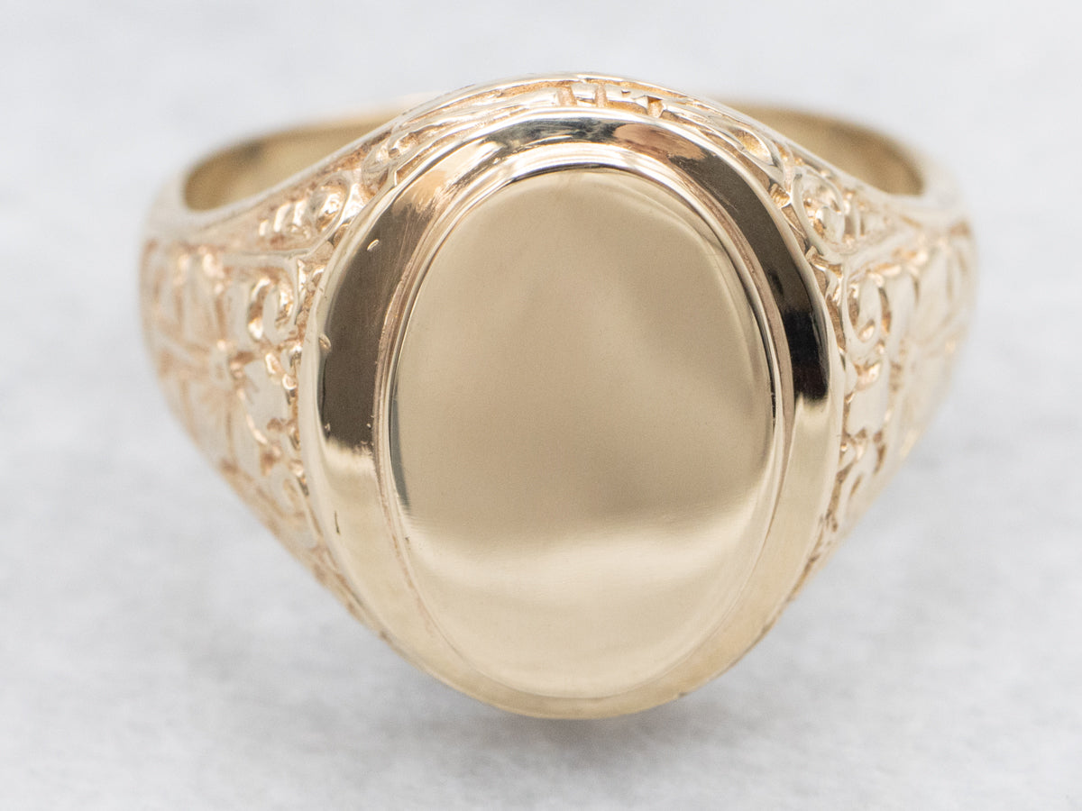 Vintage Italian Gold Signet Ring with Floral Shoulders