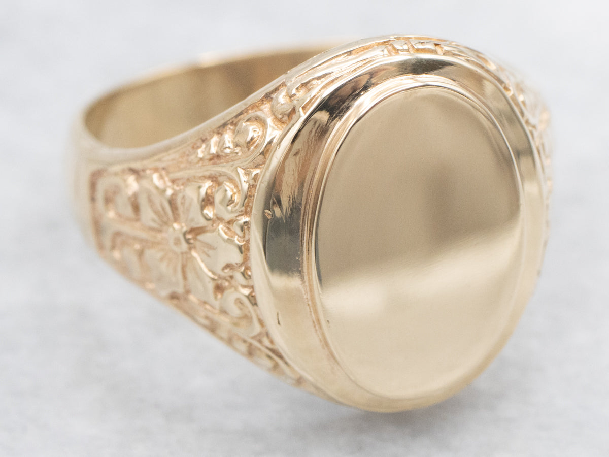 Vintage Italian Gold Signet Ring with Floral Shoulders