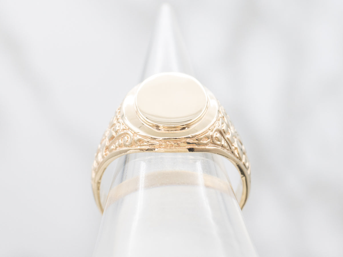 Vintage Italian Gold Signet Ring with Floral Shoulders