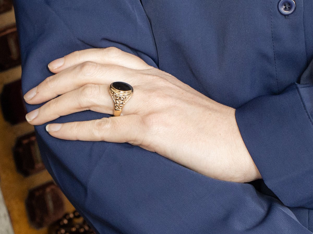Vintage Italian Gold Signet Ring with Floral Shoulders