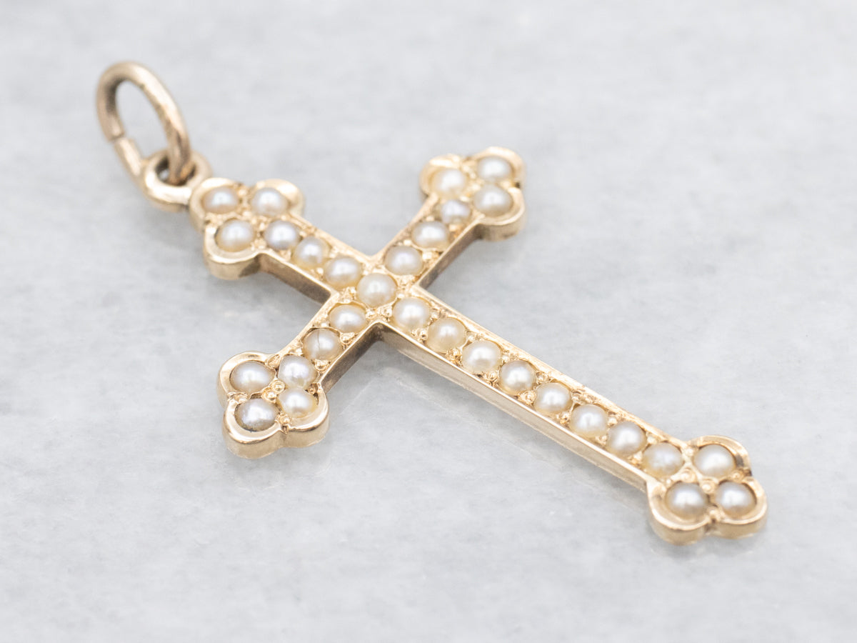 Seed Pearl and Gold Cross Pendant