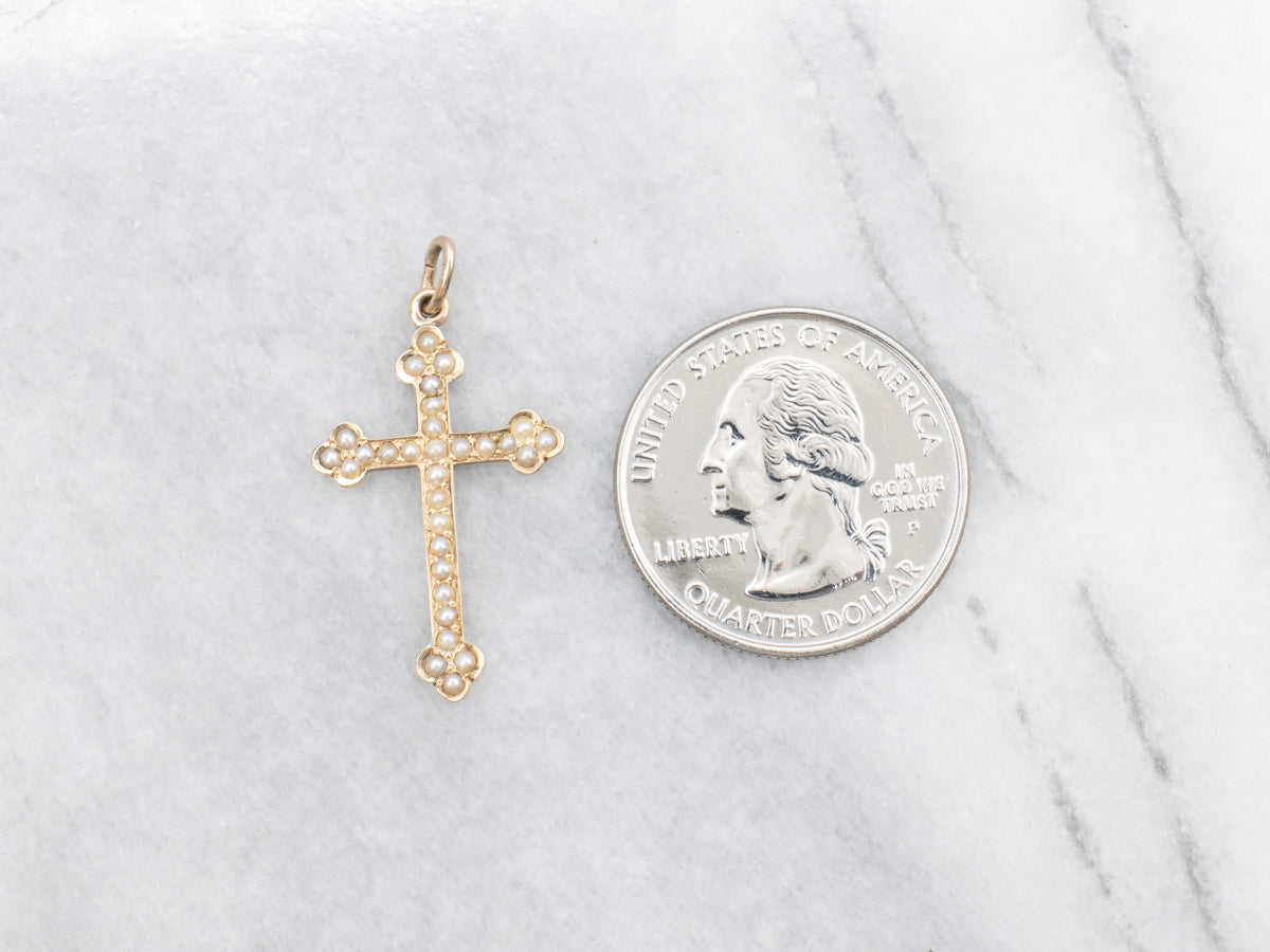 Seed Pearl and Gold Cross Pendant