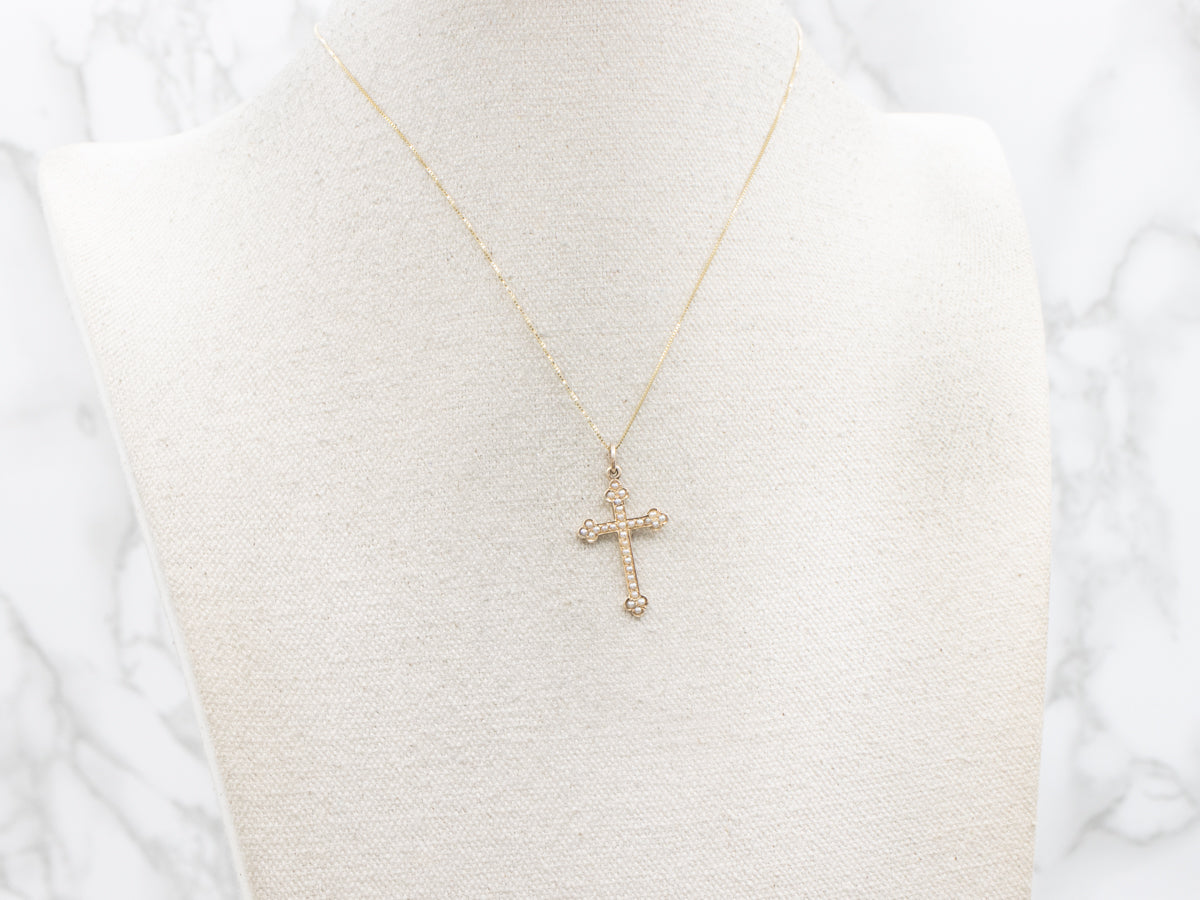Seed Pearl and Gold Cross Pendant