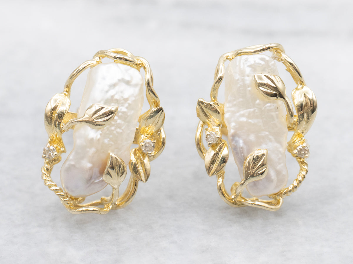 Botanical Gold Blister Pearl and Diamond Stud Earrings