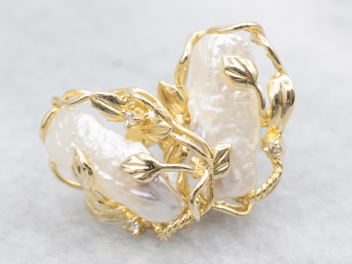 Botanical Gold Blister Pearl and Diamond Stud Earrings