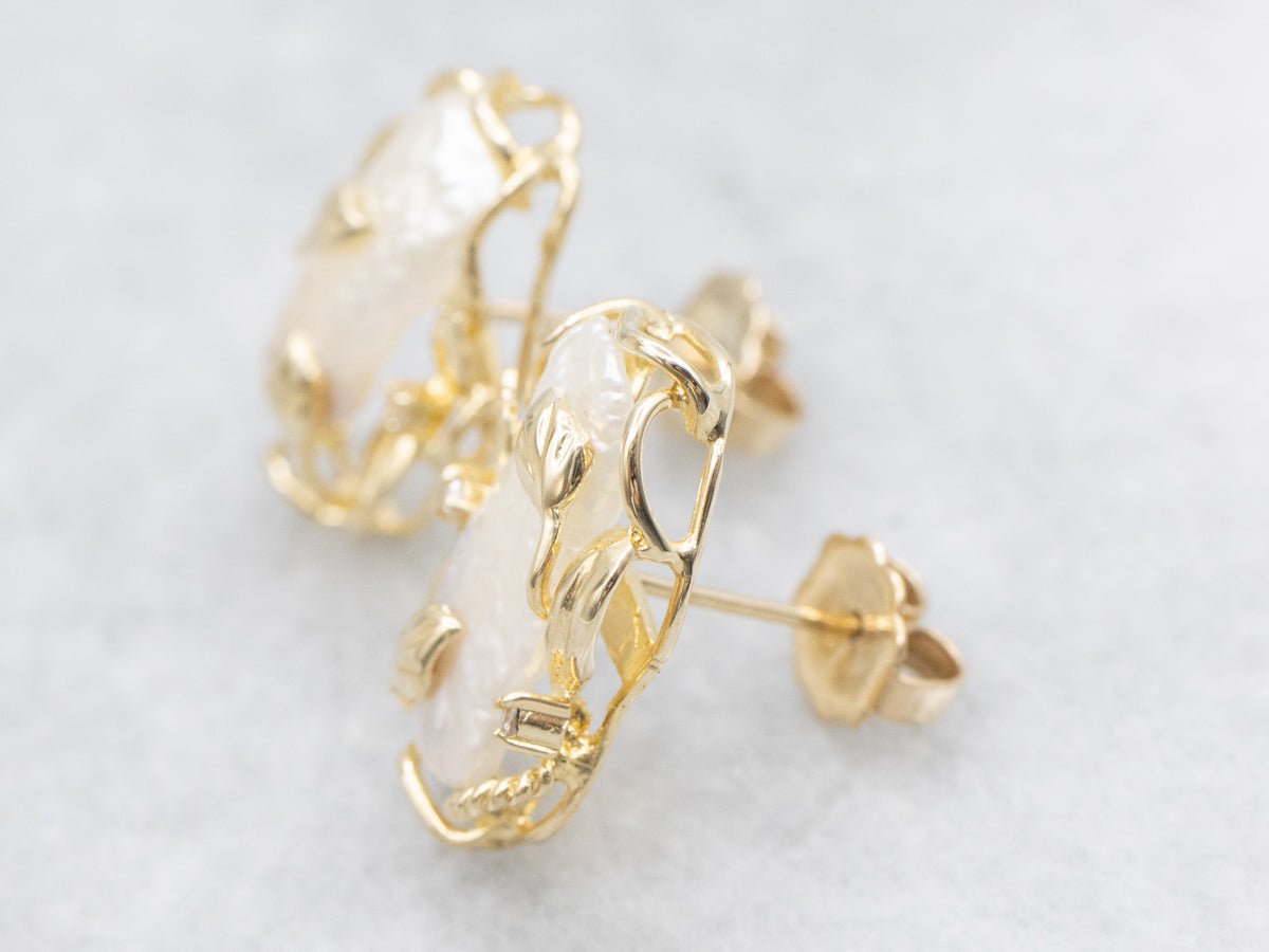 Botanical Gold Blister Pearl and Diamond Stud Earrings