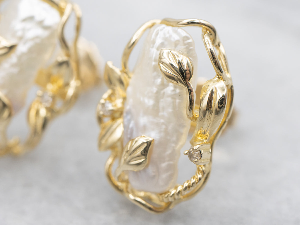 Botanical Gold Blister Pearl and Diamond Stud Earrings