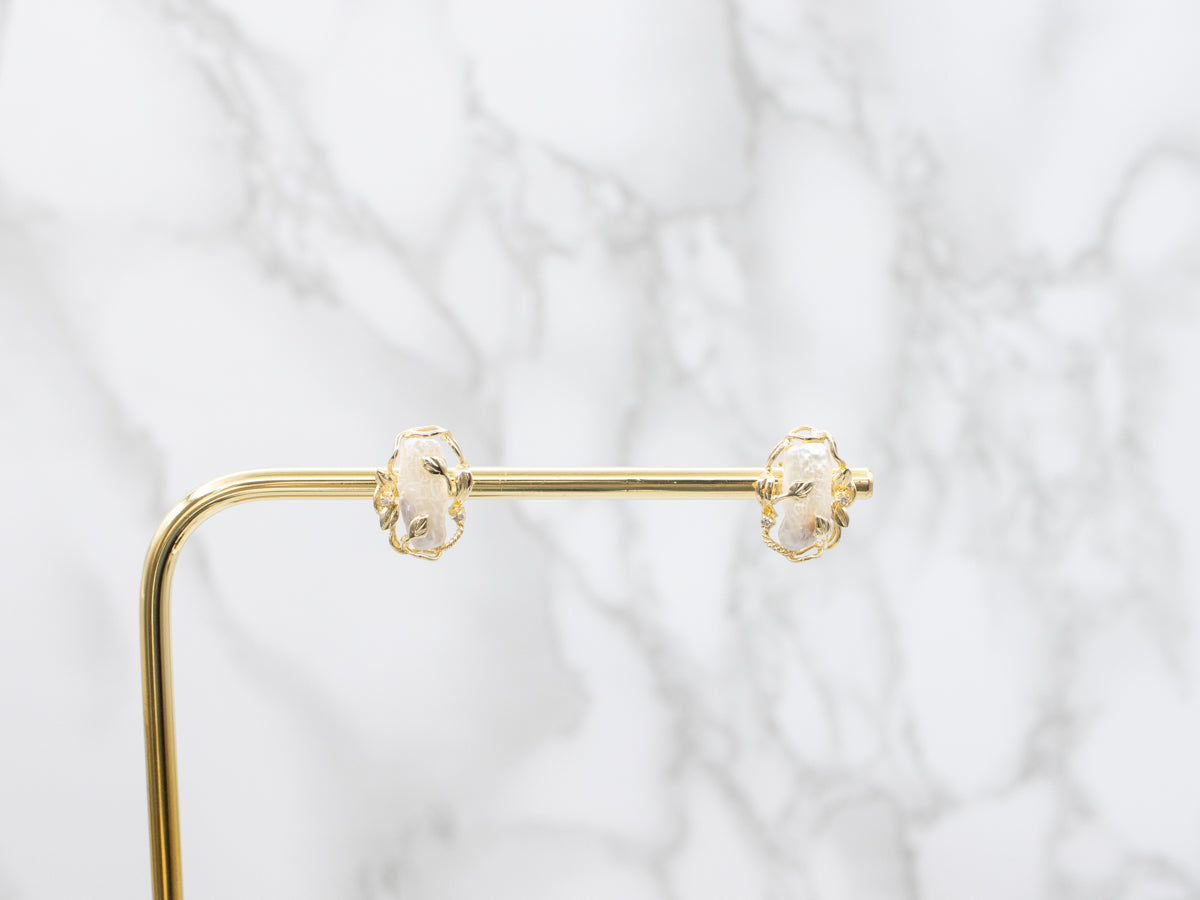 Botanical Gold Blister Pearl and Diamond Stud Earrings