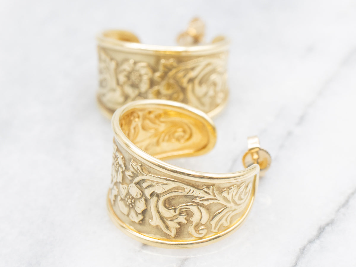 Large Tapered Gold Poppy Flower Hoop Earrings