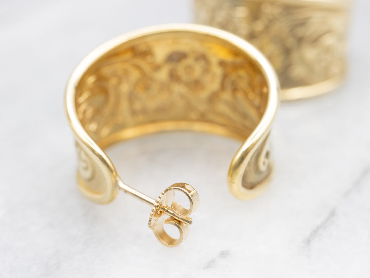 Large Tapered Gold Poppy Flower Hoop Earrings