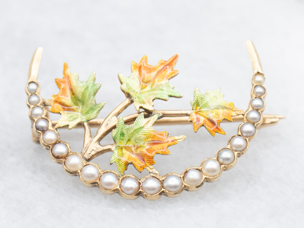 Antique Harvest Moon Seed Pearl Brooch