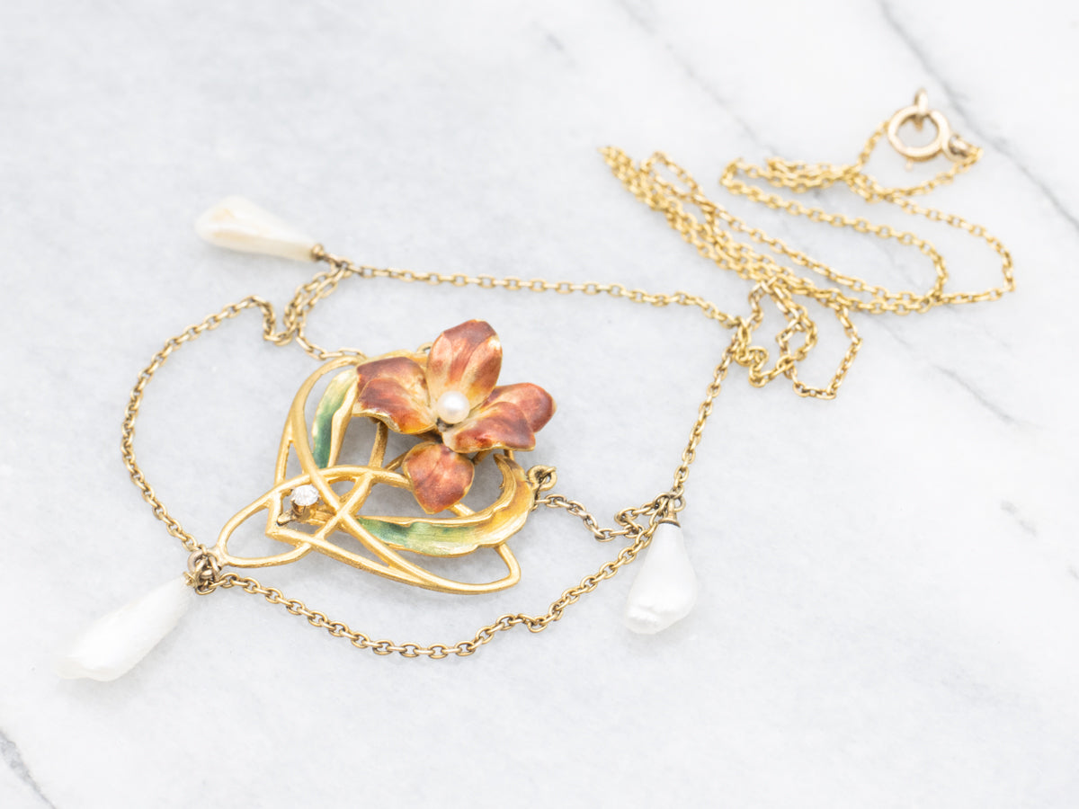 Antique Belle Époque Pearl and Diamond Floral Necklace