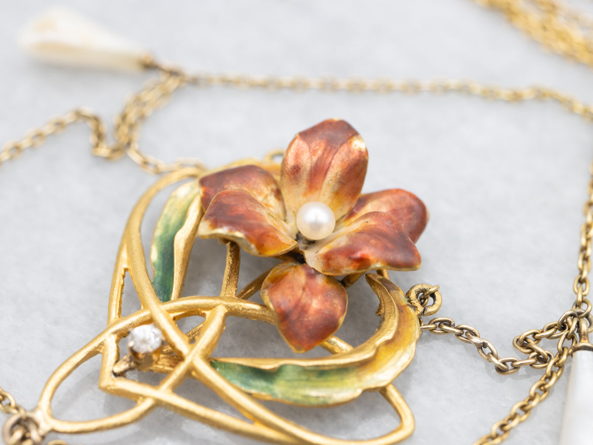 Antique Belle Époque Pearl and Diamond Floral Necklace