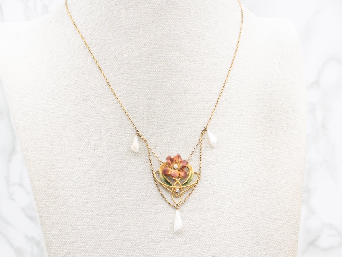 Antique Belle Époque Pearl and Diamond Floral Necklace