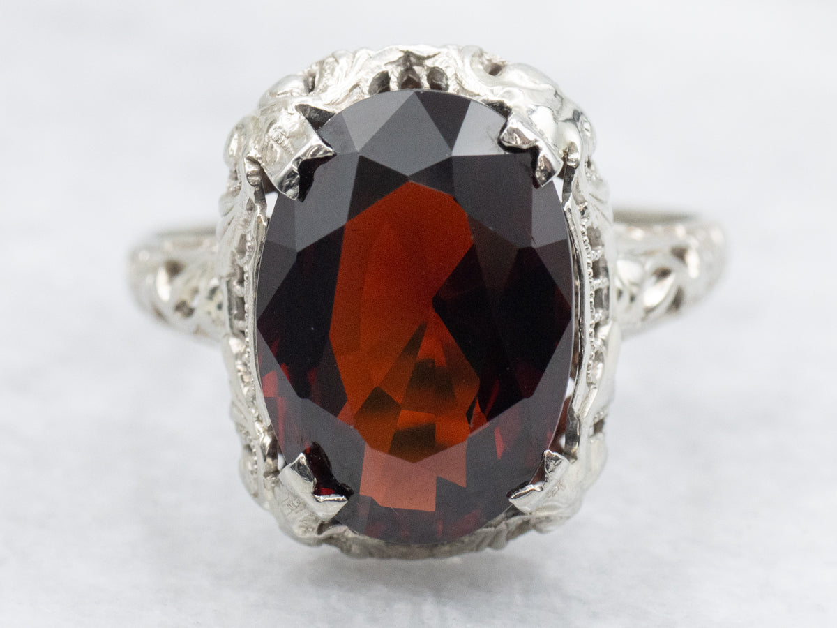 Art Deco Gold Filigree Red Garnet Ring