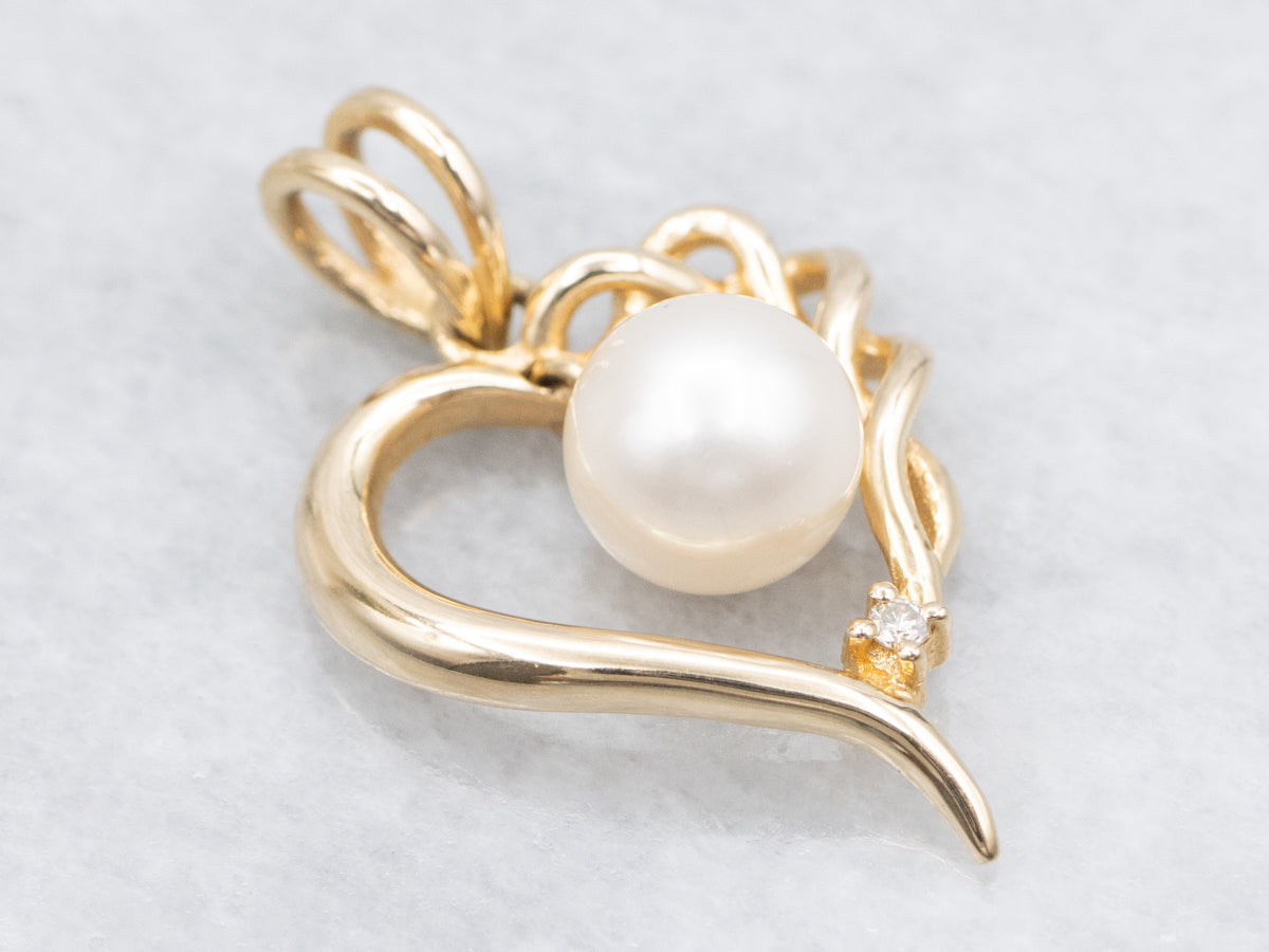 Gold Saltwater Pearl and Diamond Sweet Heart Pendant