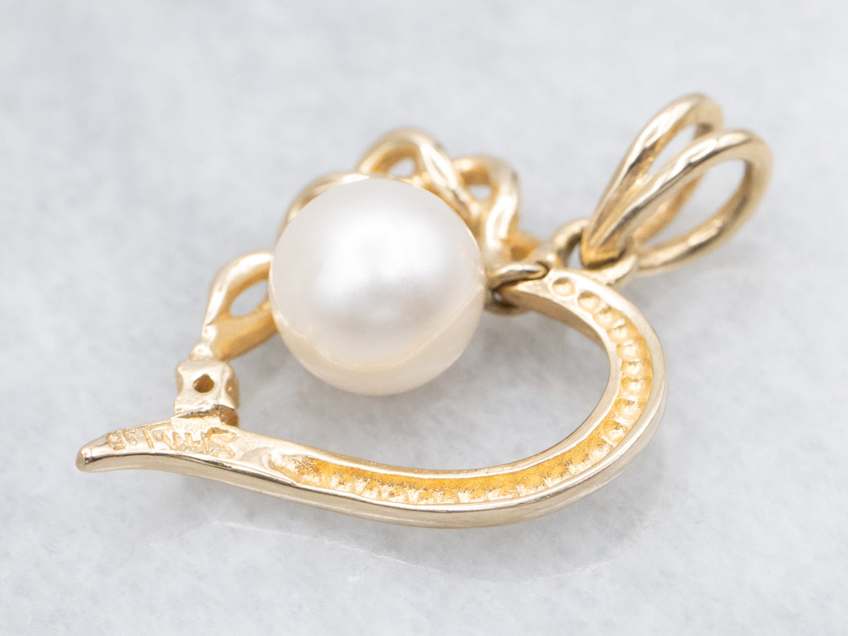 Gold Saltwater Pearl and Diamond Sweet Heart Pendant