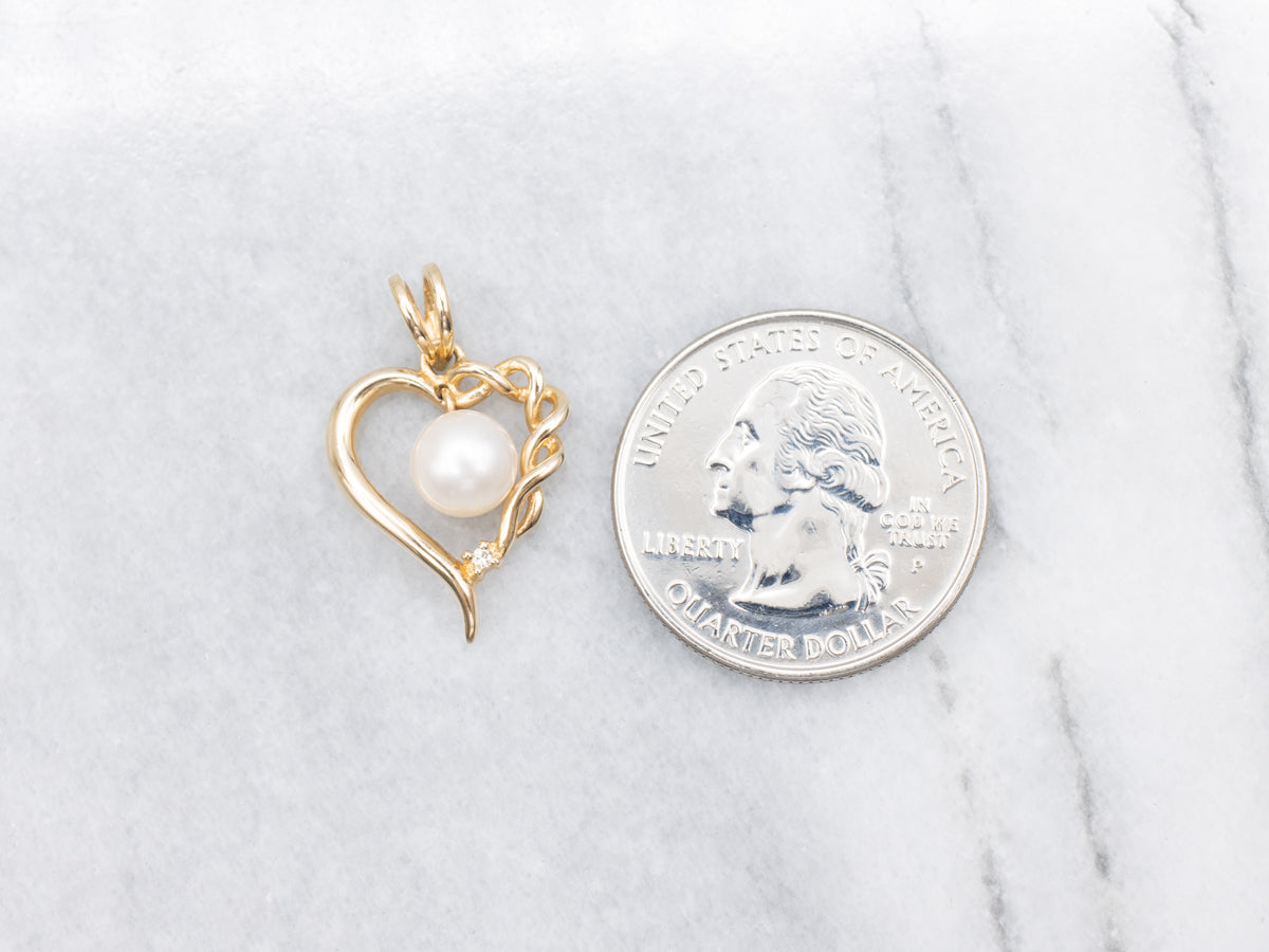 Gold Saltwater Pearl and Diamond Sweet Heart Pendant
