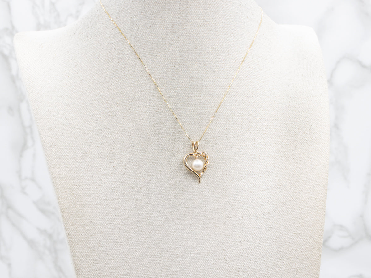Gold Saltwater Pearl and Diamond Sweet Heart Pendant