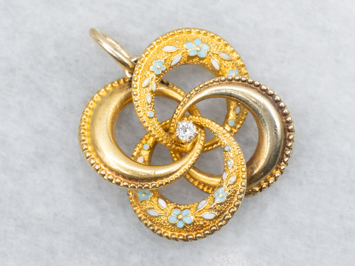 Art Nouveau Old Mine Cut Diamond and Enamel Floral Lovers Knot Pendant