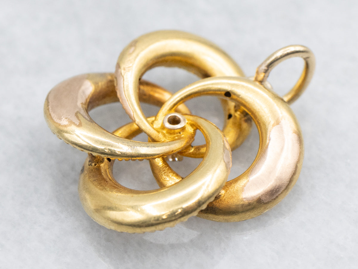 Art Nouveau Old Mine Cut Diamond and Enamel Floral Lovers Knot Pendant