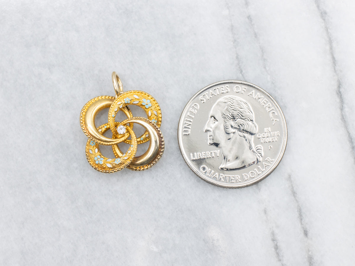 Art Nouveau Old Mine Cut Diamond and Enamel Floral Lovers Knot Pendant