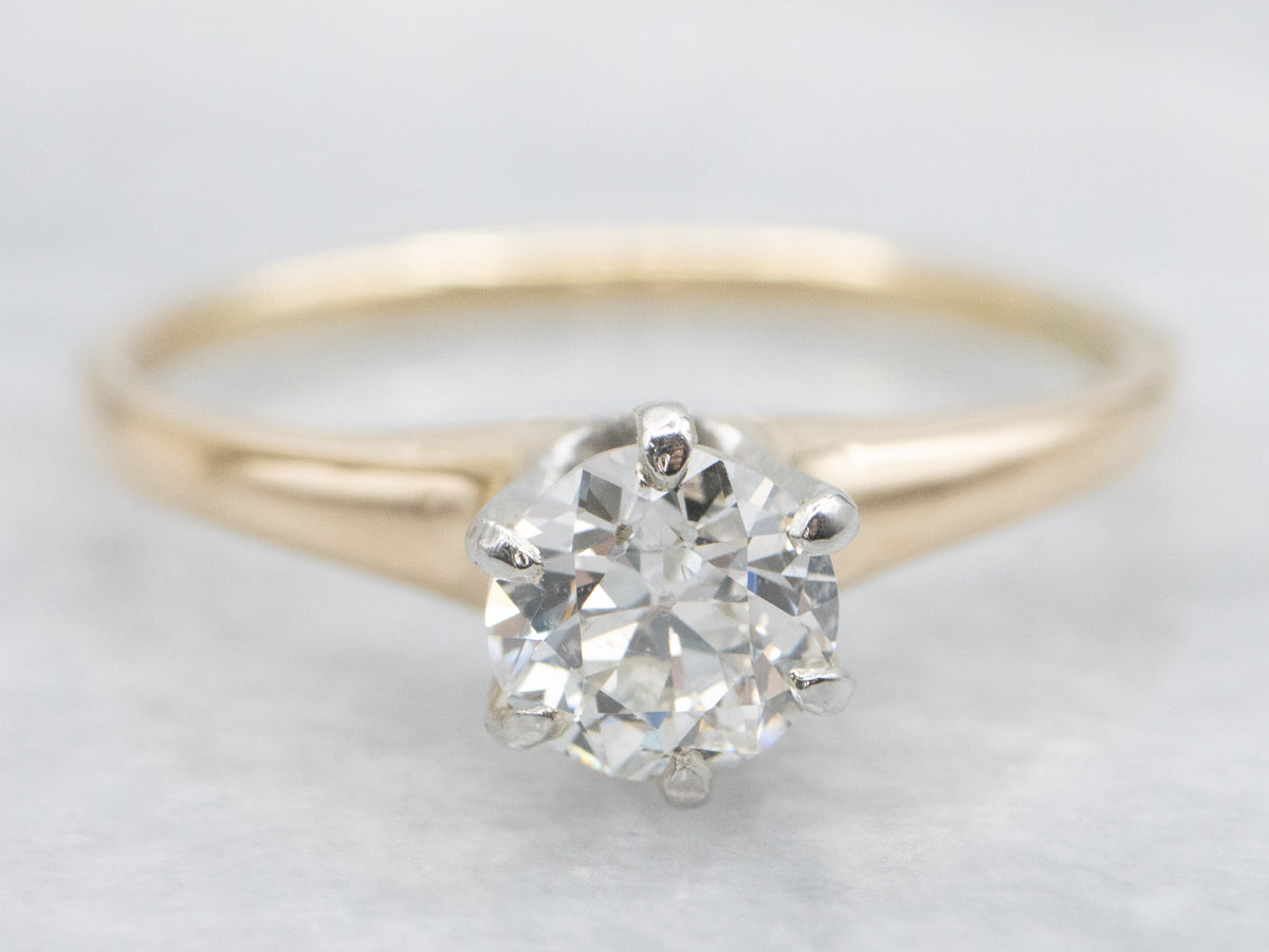 Gold and Platinum Old Mine Cut Diamond Solitaire Engagement Ring