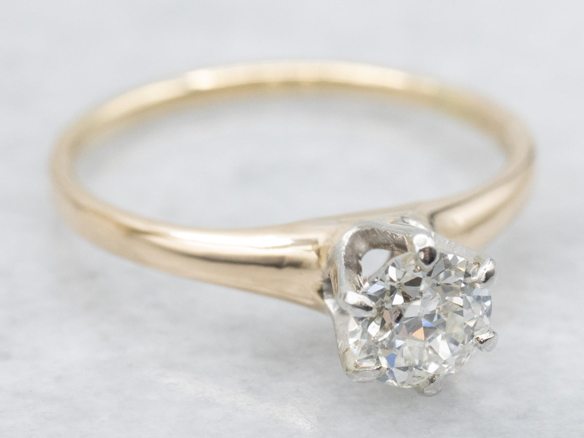 Gold and Platinum Old Mine Cut Diamond Solitaire Engagement Ring