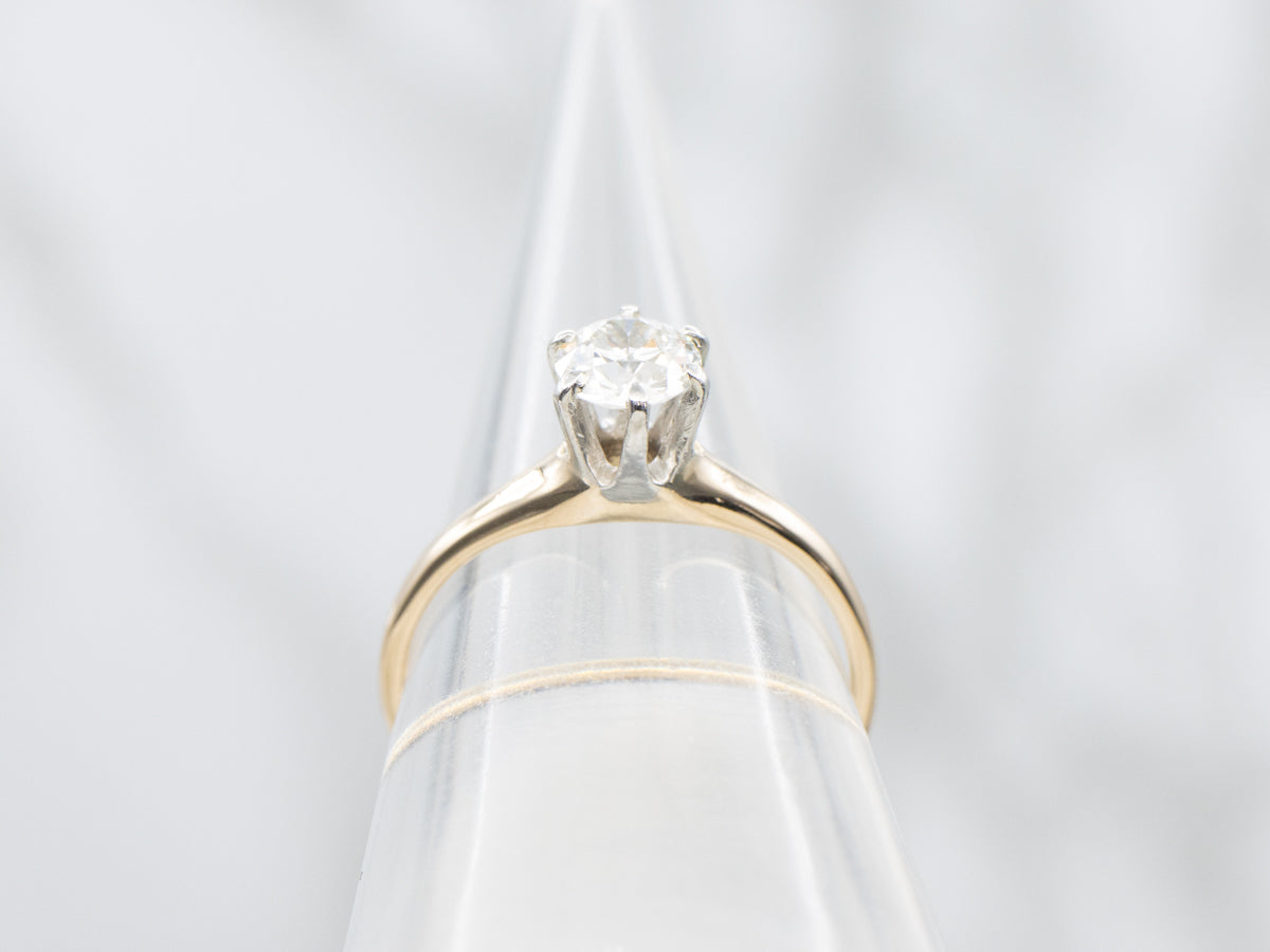 Gold and Platinum Old Mine Cut Diamond Solitaire Engagement Ring