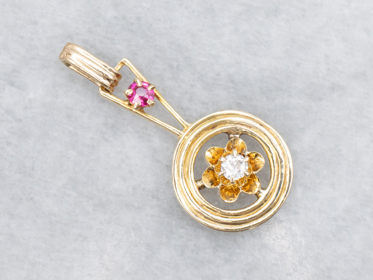 Buttercup Set Old Mine Cut Diamond and Ruby Pendant