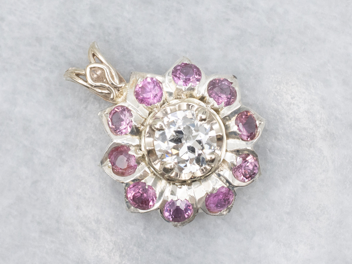 European Cut Diamond and Ruby Halo Flower Pendant