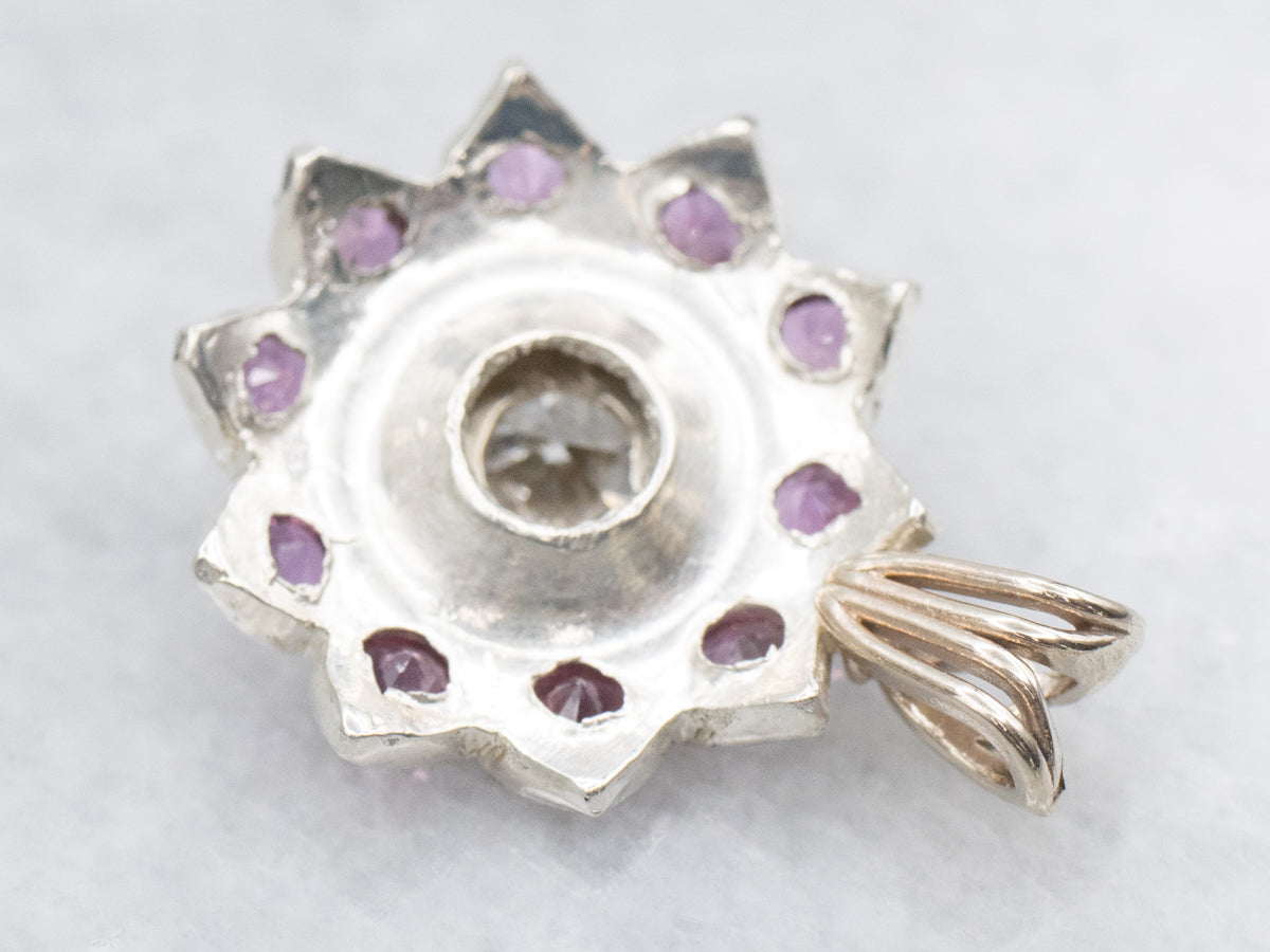 European Cut Diamond and Ruby Halo Flower Pendant