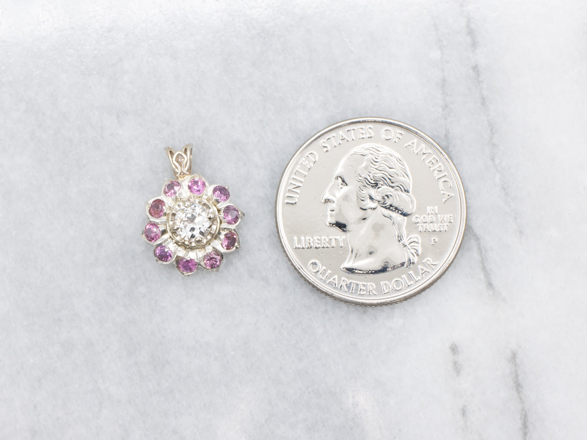 European Cut Diamond and Ruby Halo Flower Pendant