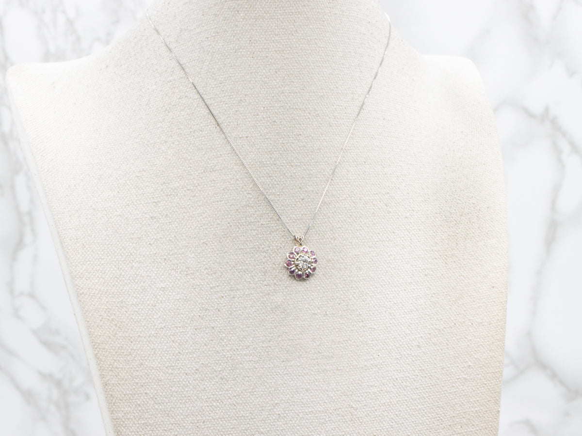 European Cut Diamond and Ruby Halo Flower Pendant