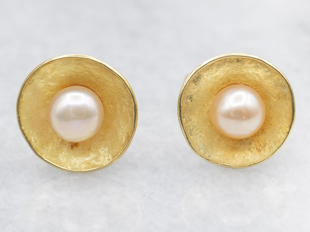 Freshwater Pearl Stud Earrings with Concave Textured Frame