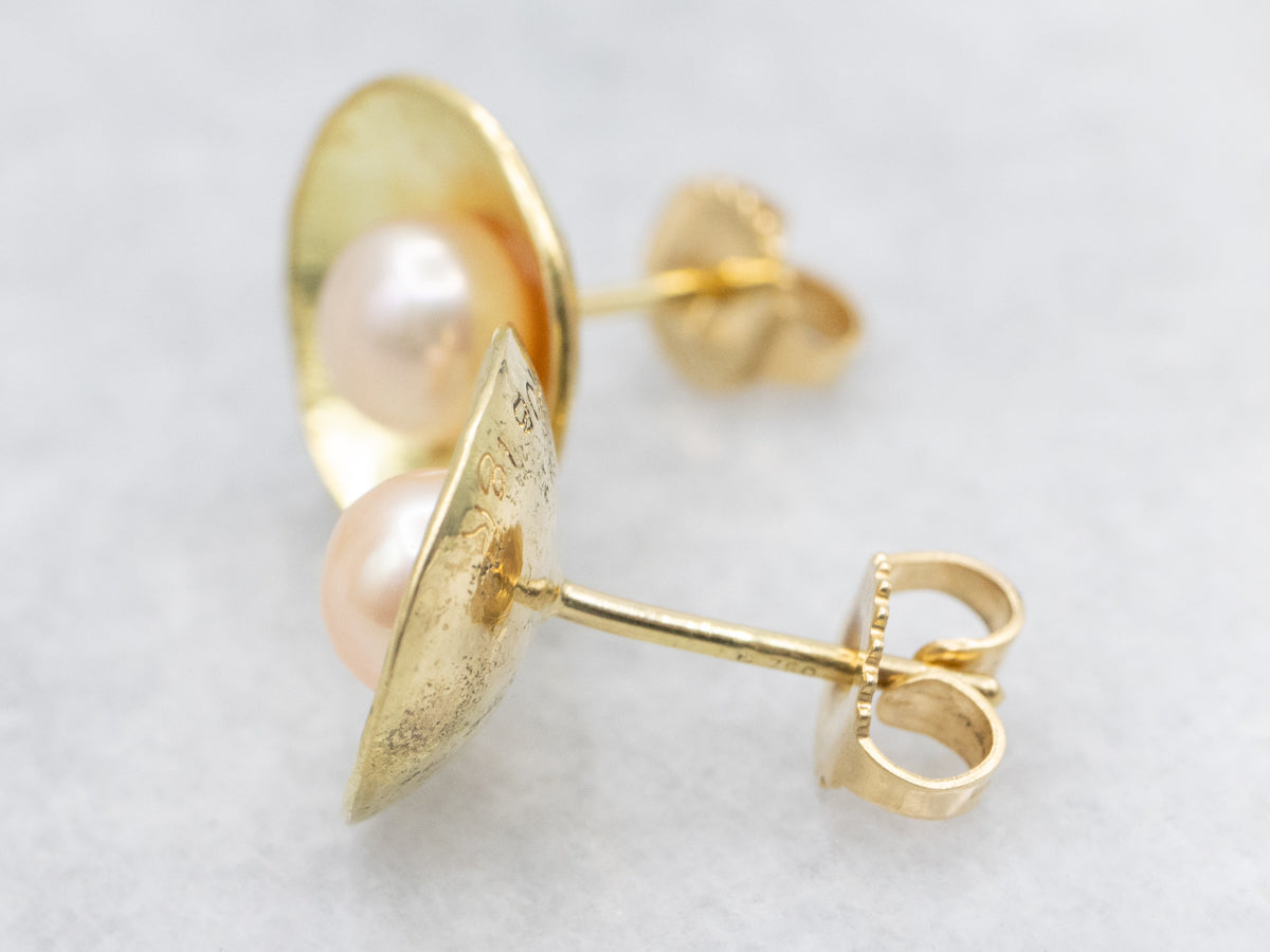Freshwater Pearl Stud Earrings with Concave Textured Frame