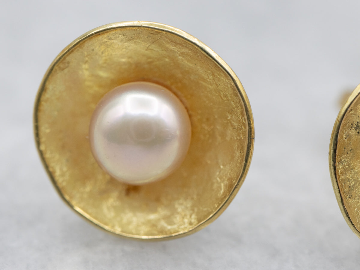 Freshwater Pearl Stud Earrings with Concave Textured Frame