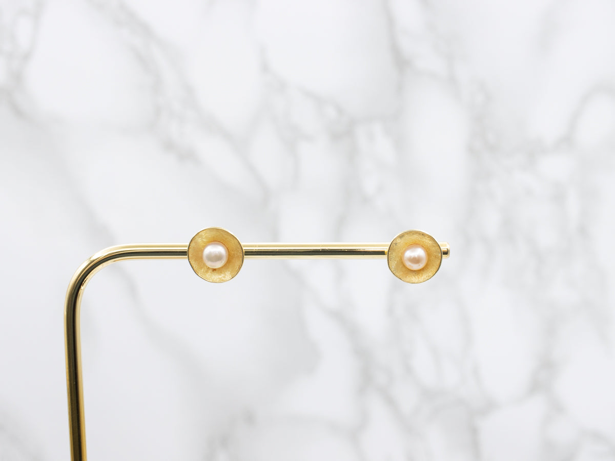 Freshwater Pearl Stud Earrings with Concave Textured Frame