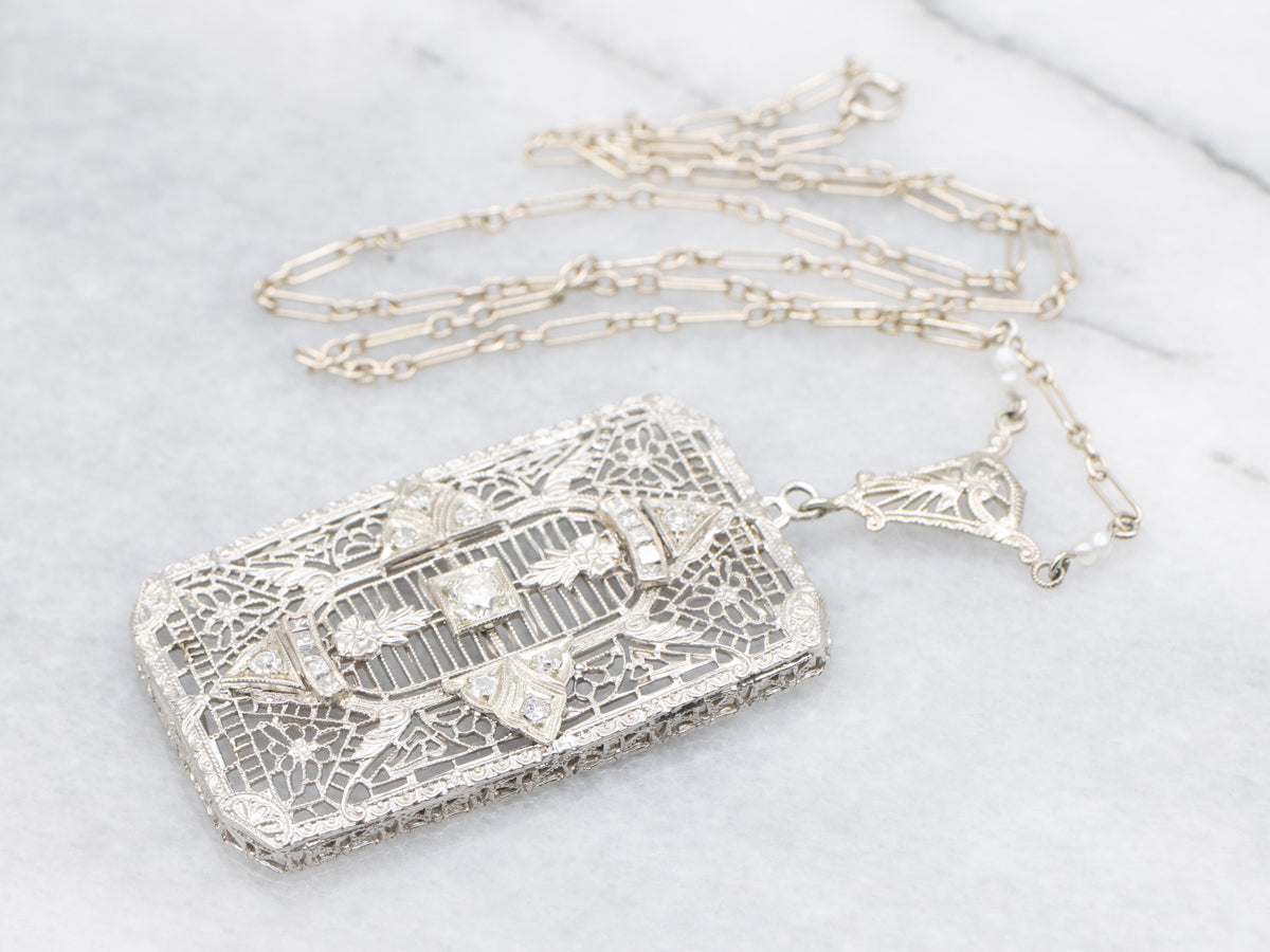 Art Deco Diamond and Seed Pearl Pendant Necklace