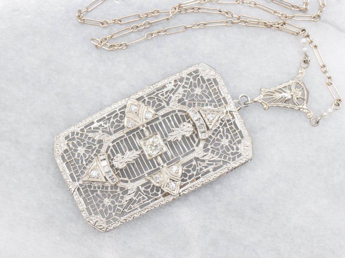 Art Deco Diamond and Seed Pearl Pendant Necklace