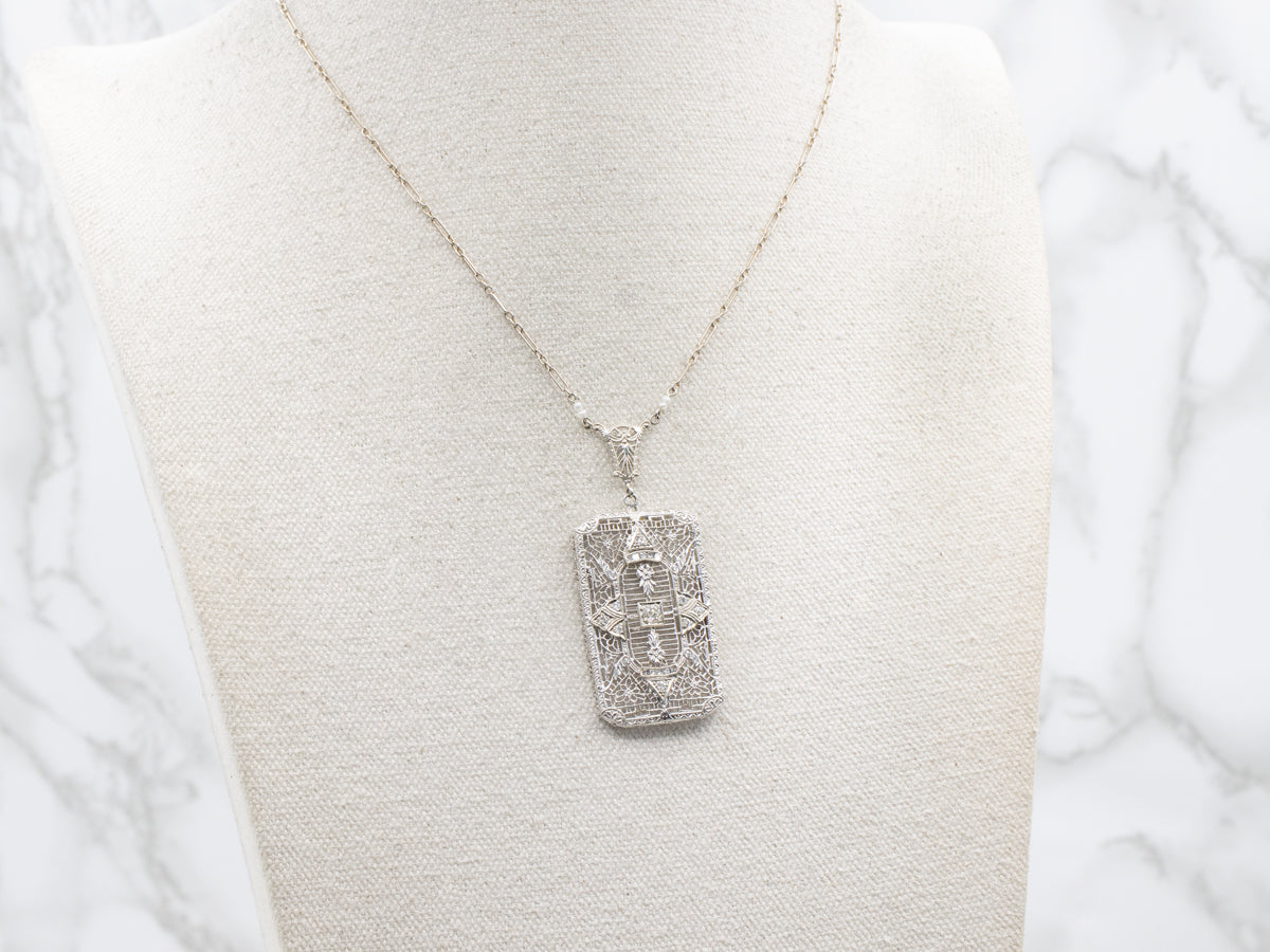 Art Deco Diamond and Seed Pearl Pendant Necklace