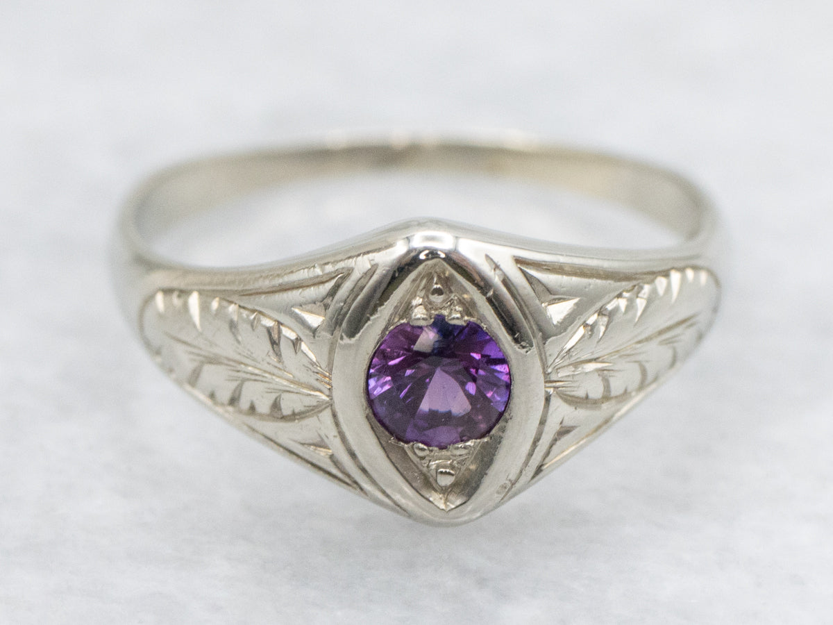 Art Deco Purple Sapphire Ring with Botanical Etched Shoulders