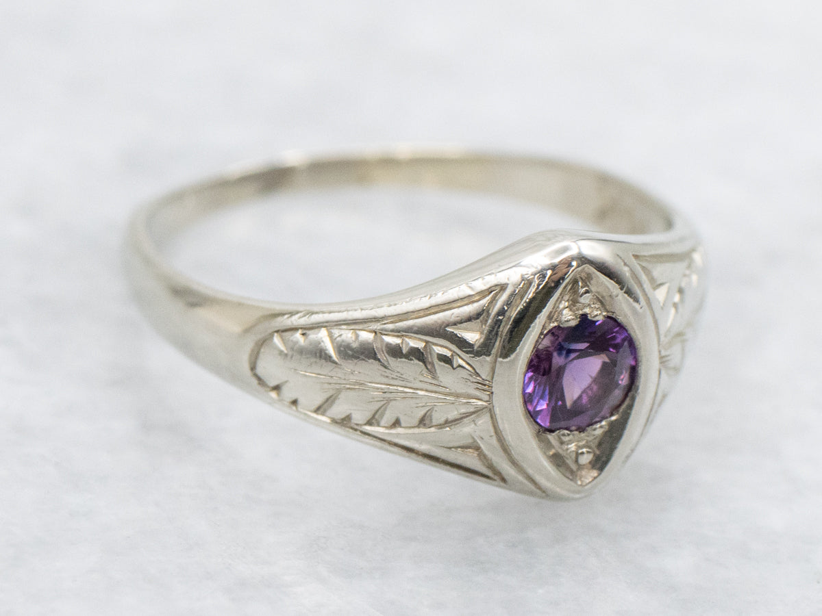 Art Deco Purple Sapphire Ring with Botanical Etched Shoulders