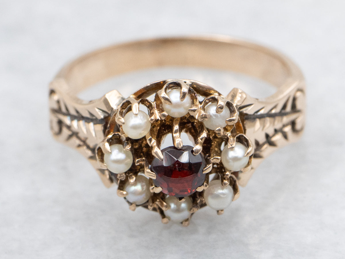 Antique Garnet and Seed Pearl Halo Ring