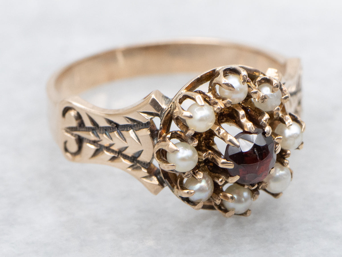 Antique Garnet and Seed Pearl Halo Ring